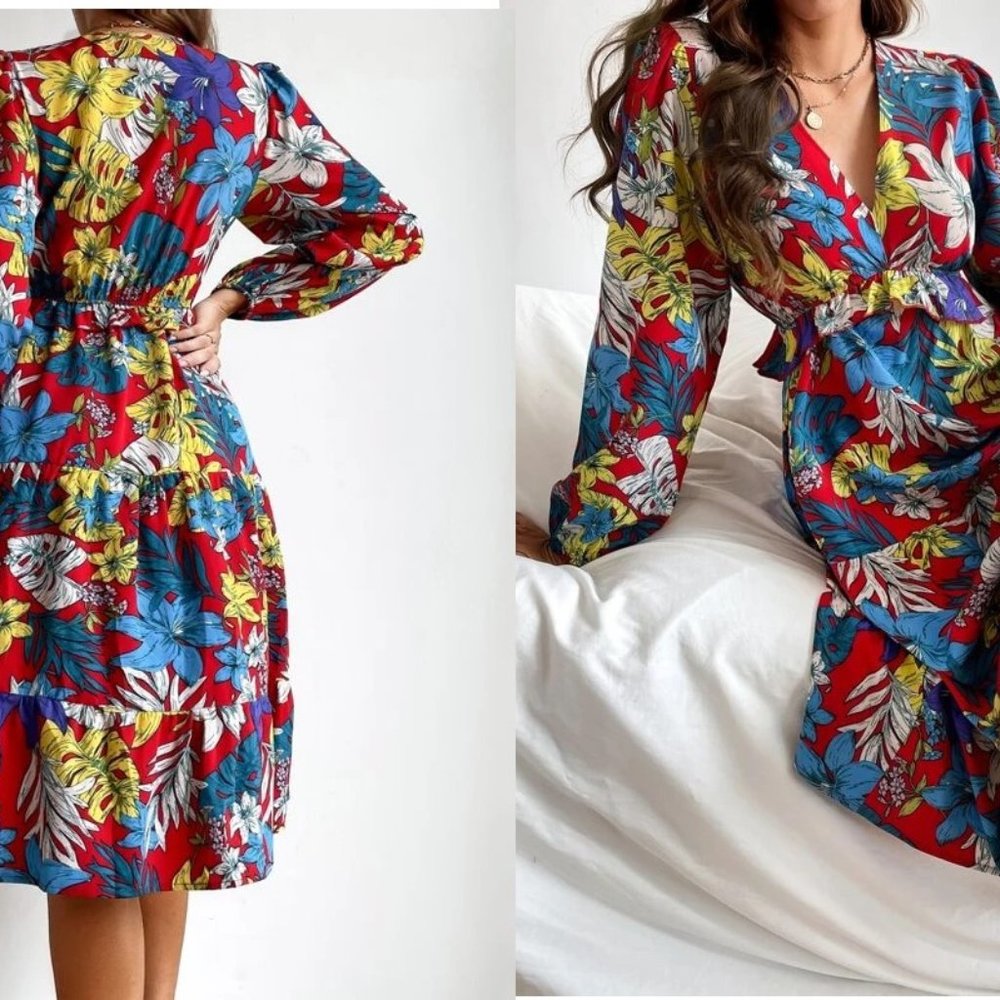 NEW! Size 6 Tropical Print Ruffle Trim Long Sleeve Dress